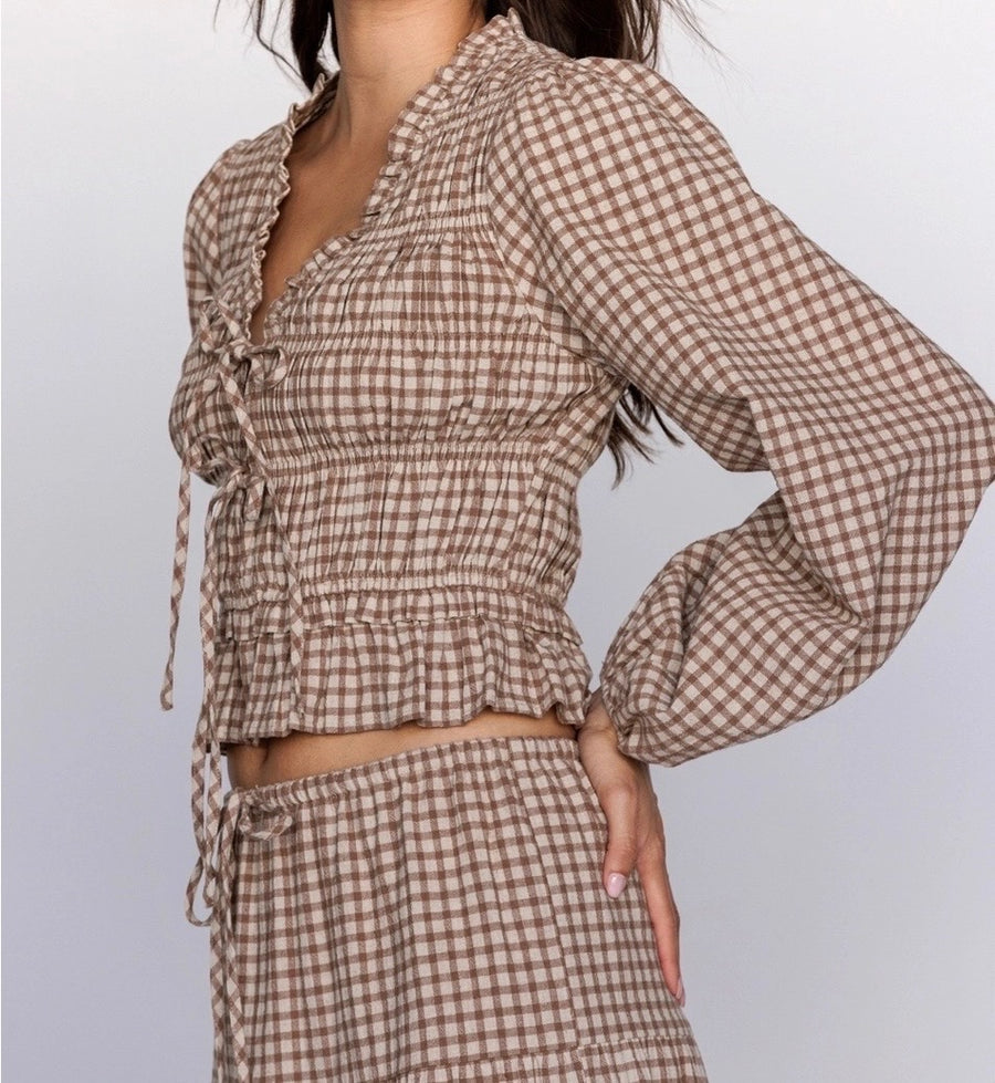 Gingham Tie Front Blouse