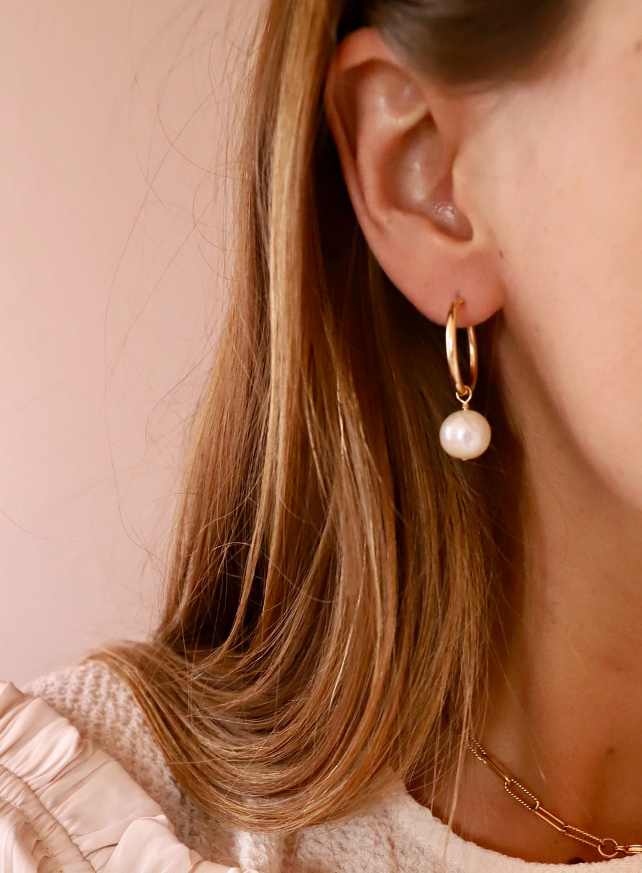 Audrey Gold Filled Pearl Hoop Earrings