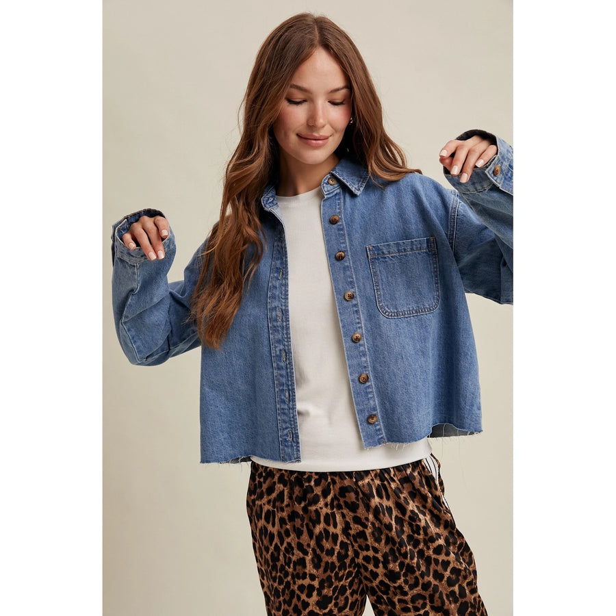 Raw-Edge Button Up Denim Shirt