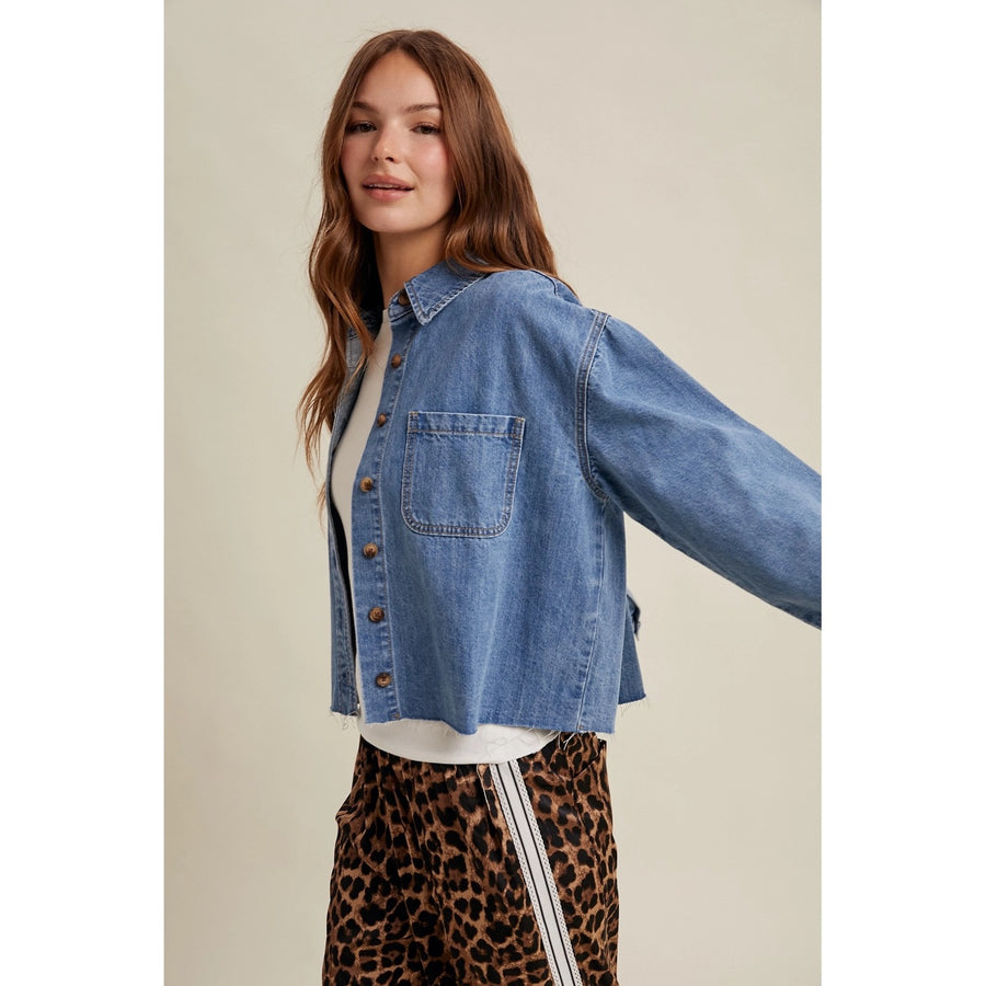 Raw-Edge Button Up Denim Shirt