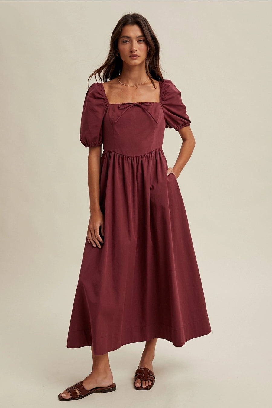 Puff Sleeve Midi Dress- Merlot