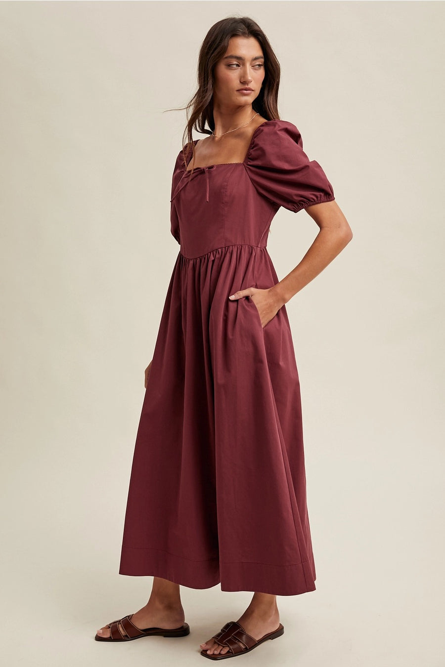 Puff Sleeve Midi Dress- Merlot