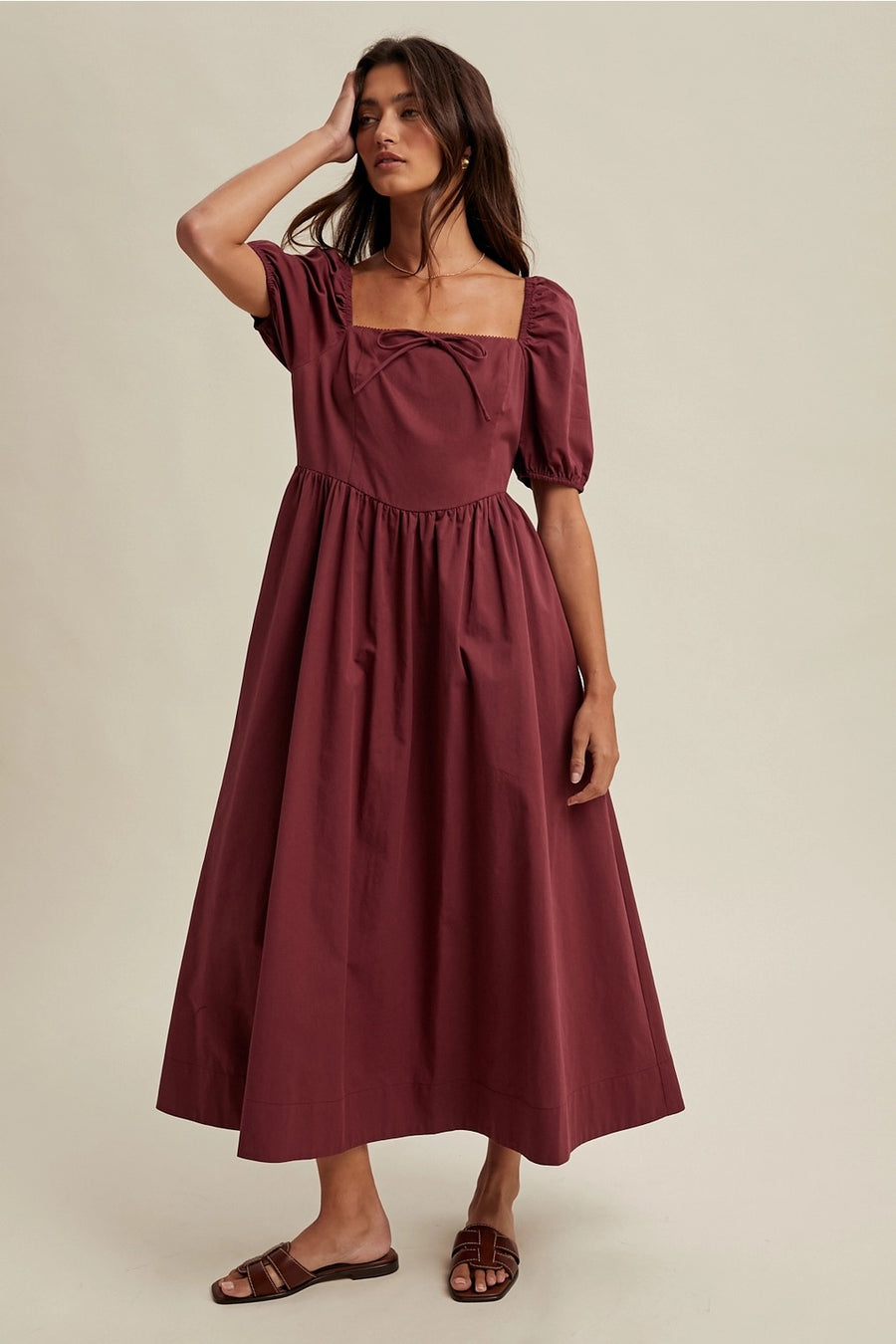 Puff Sleeve Midi Dress- Merlot