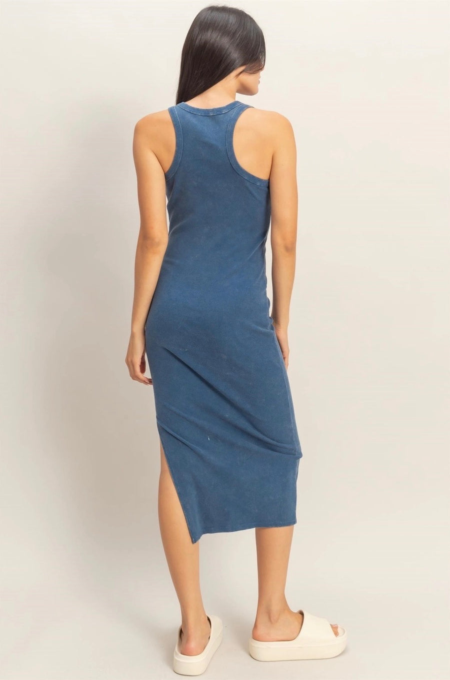 Acid Washed Ribbed Midi Tank Dress- Navy – Hoity Toity