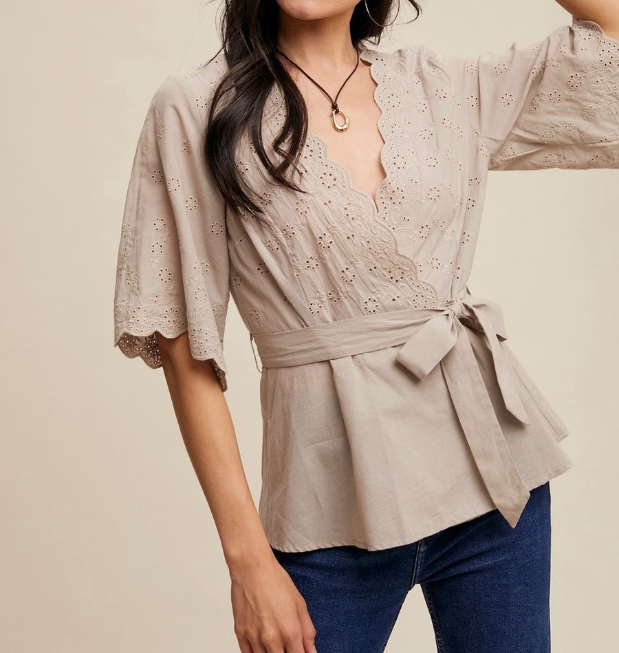 Embroidered Eyelet Wrap Peplum Top