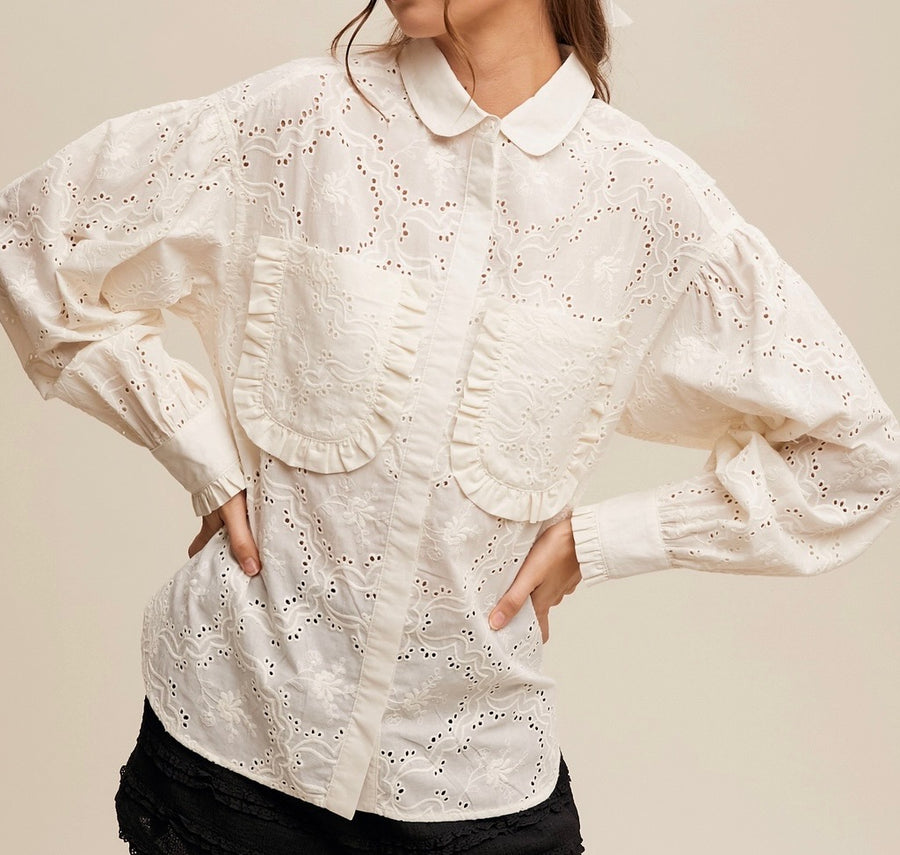 Eyelet Ruffled Button Down Top