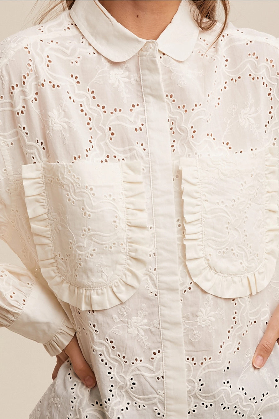 Eyelet Ruffled Button Down Top