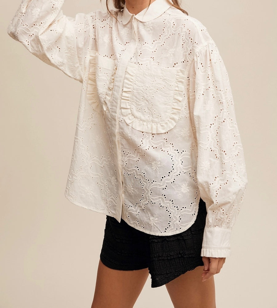 Eyelet Ruffled Button Down Top