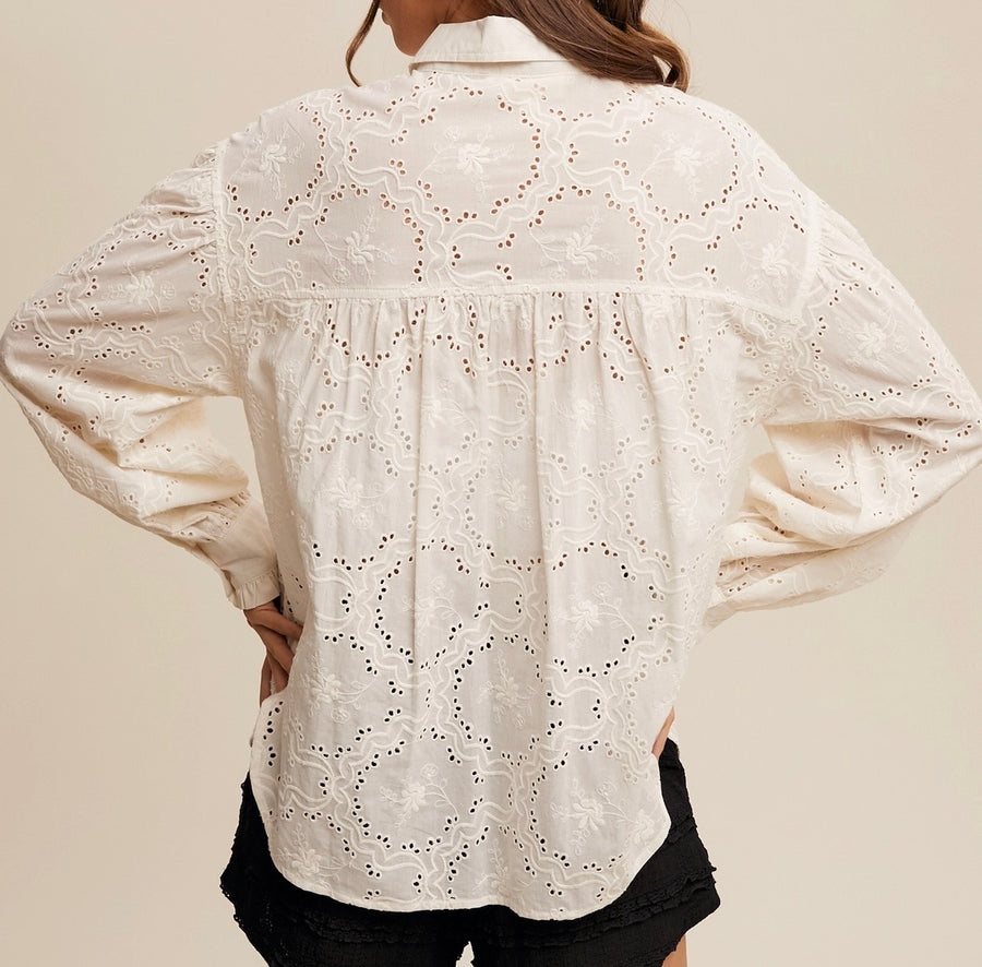 Eyelet Ruffled Button Down Top