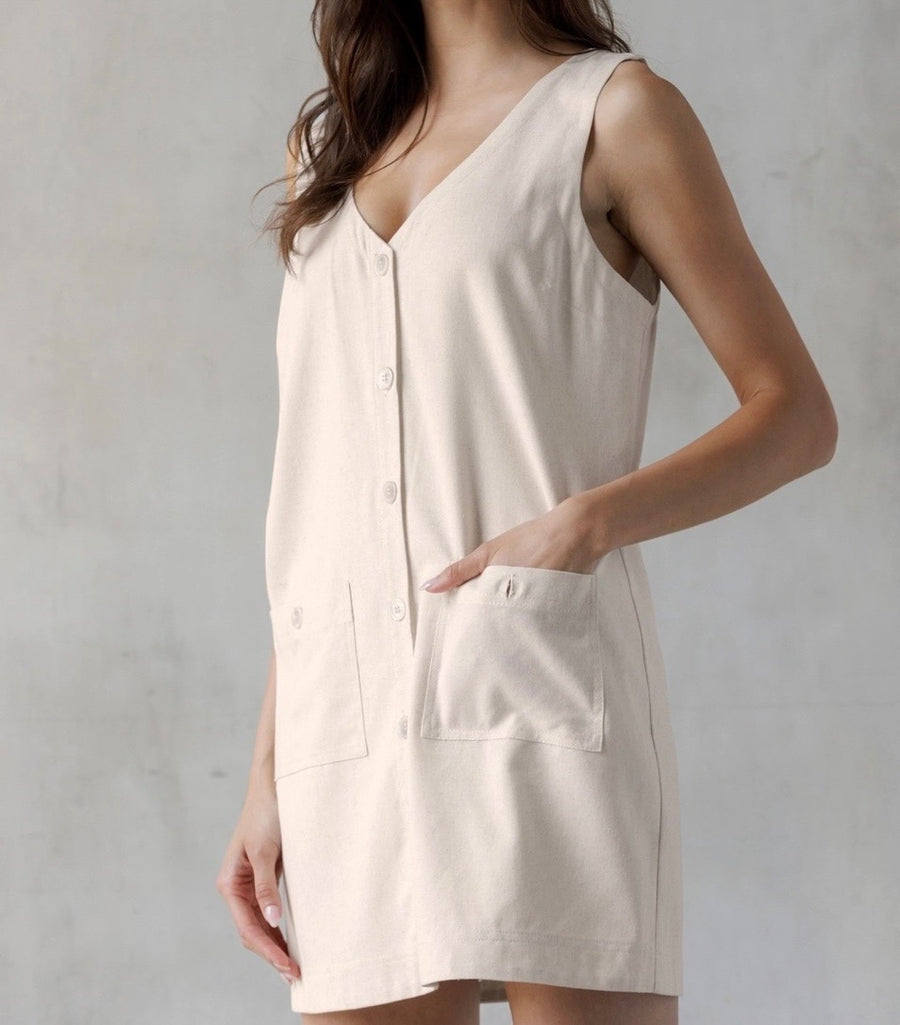 Button V-Neck Mini Dress