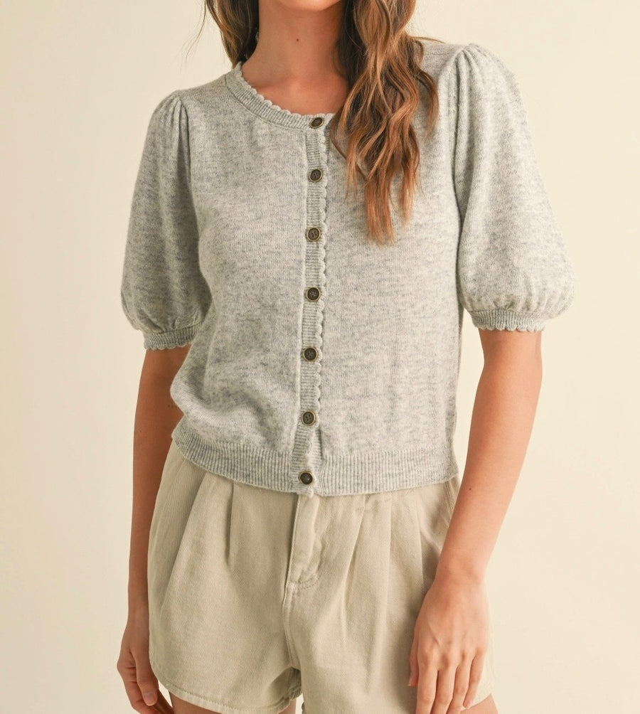 Puff Short Sleeve Button Down Knit Cardigan