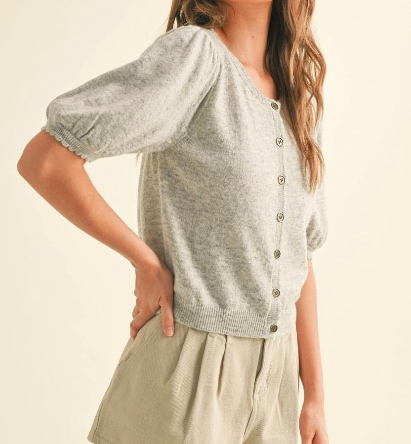 Puff Short Sleeve Button Down Knit Cardigan