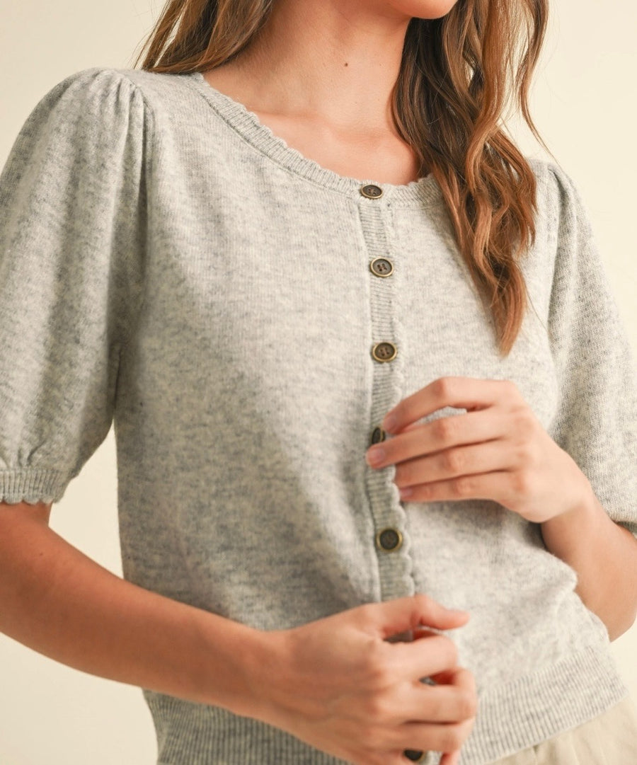 Puff Short Sleeve Button Down Knit Cardigan
