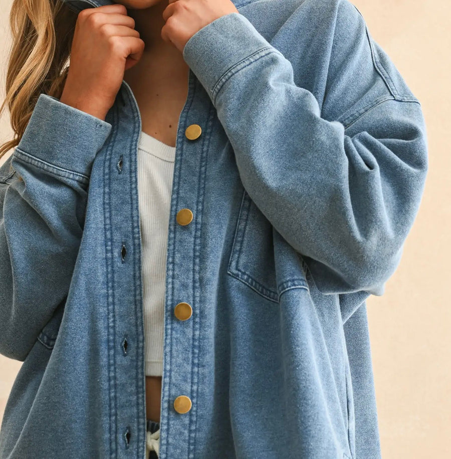 Washed Knit Button Front Shirt Jacket