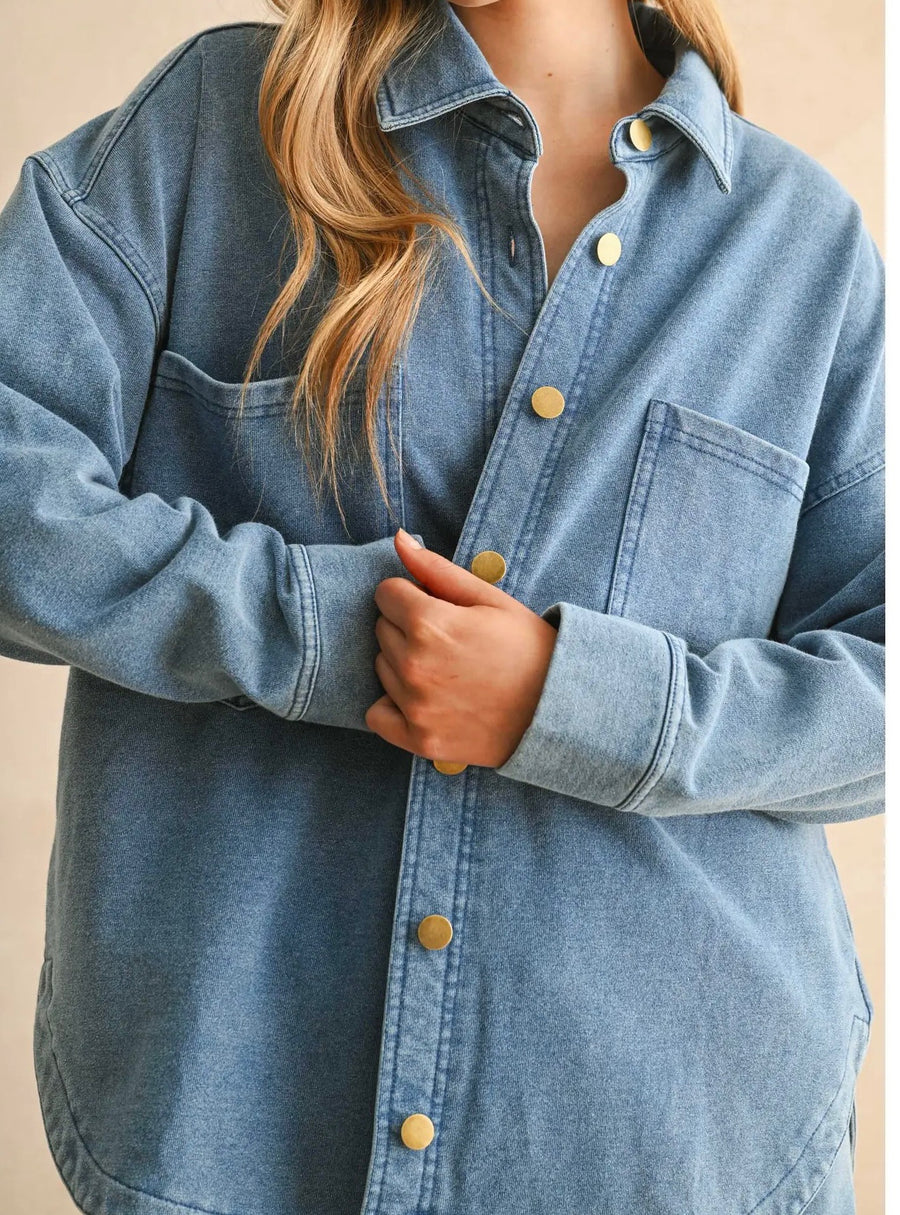 Washed Knit Button Front Shirt Jacket