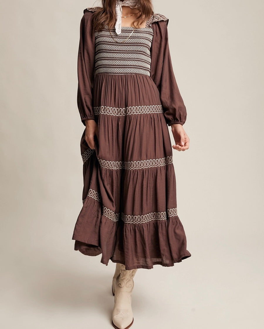 Contrast Stitch Smocked Maxi Dress