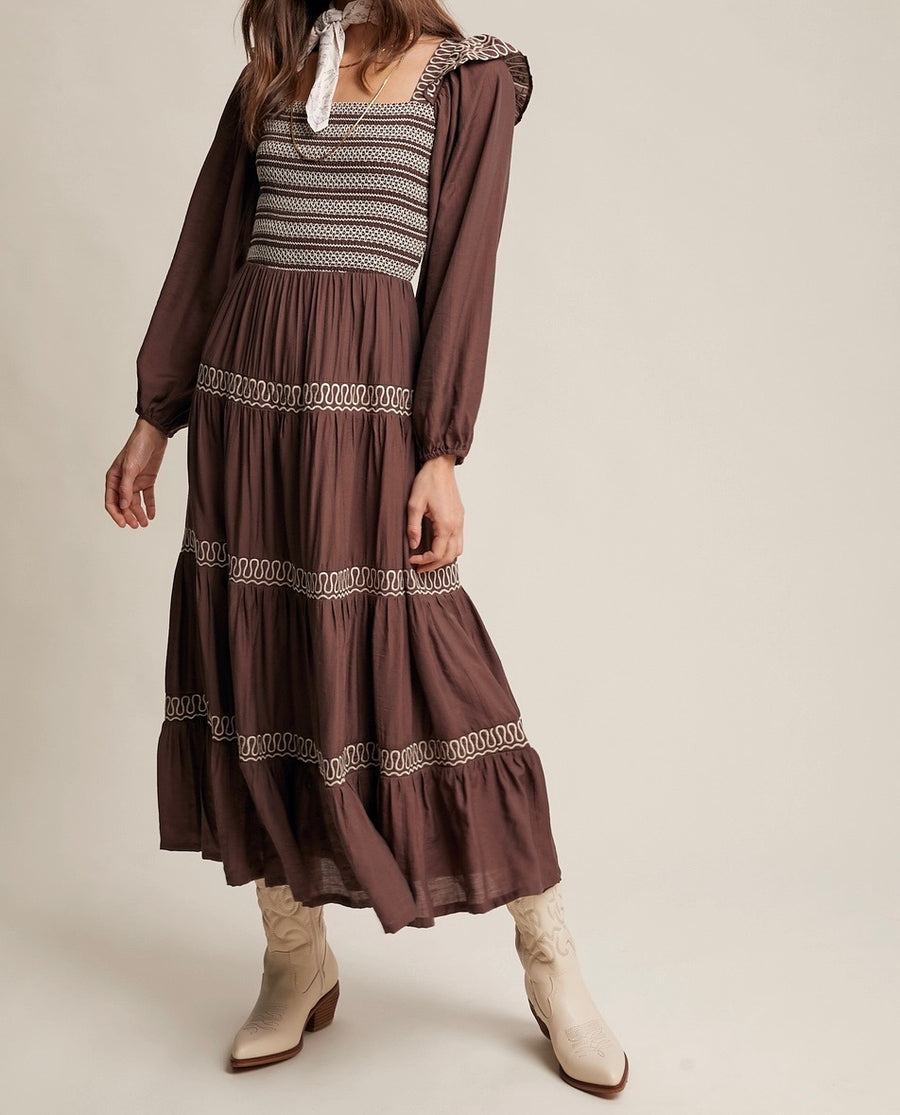 Contrast Stitch Smocked Maxi Dress