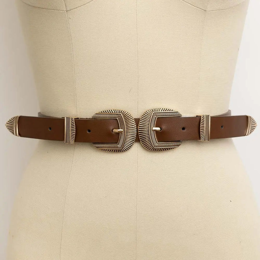 Double Buckle Faux Leather Western Belt