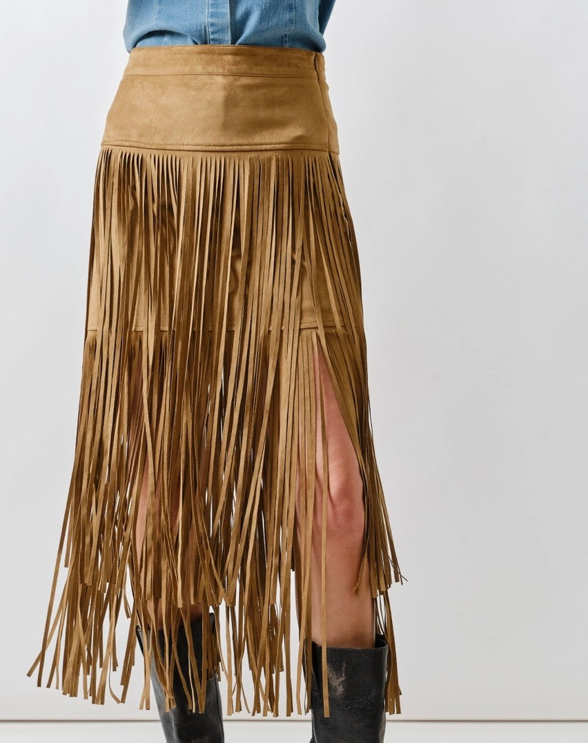 Suede Fringe Midi Skirt