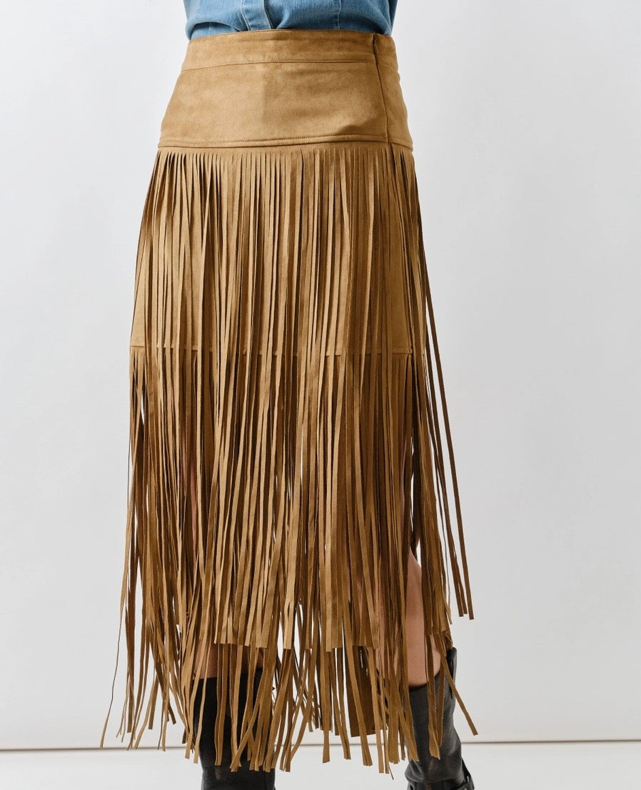 Suede Fringe Midi Skirt