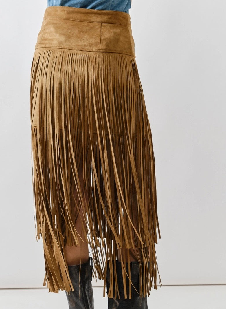 Suede Fringe Midi Skirt