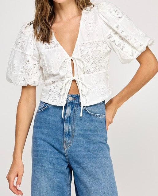 Embroidered Tie Front Blouse