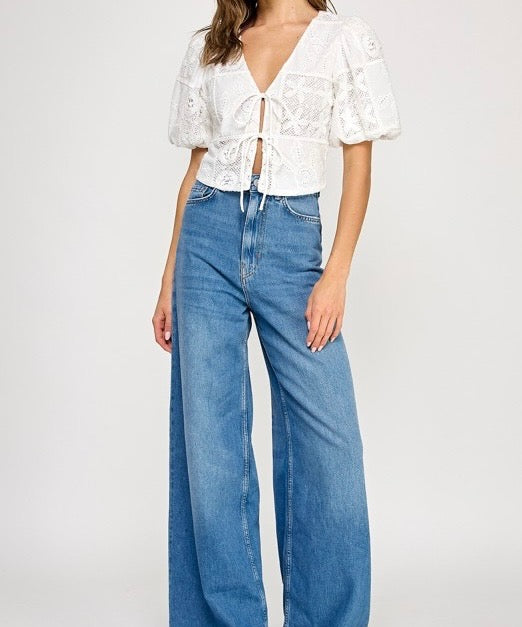 Embroidered Tie Front Blouse