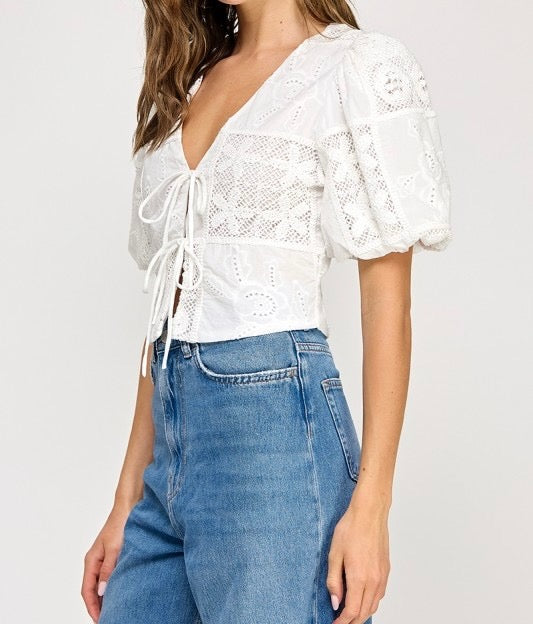 Embroidered Tie Front Blouse