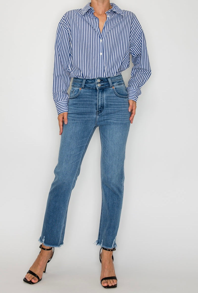High Rise Double Waistband Straight Raw Hem Jean