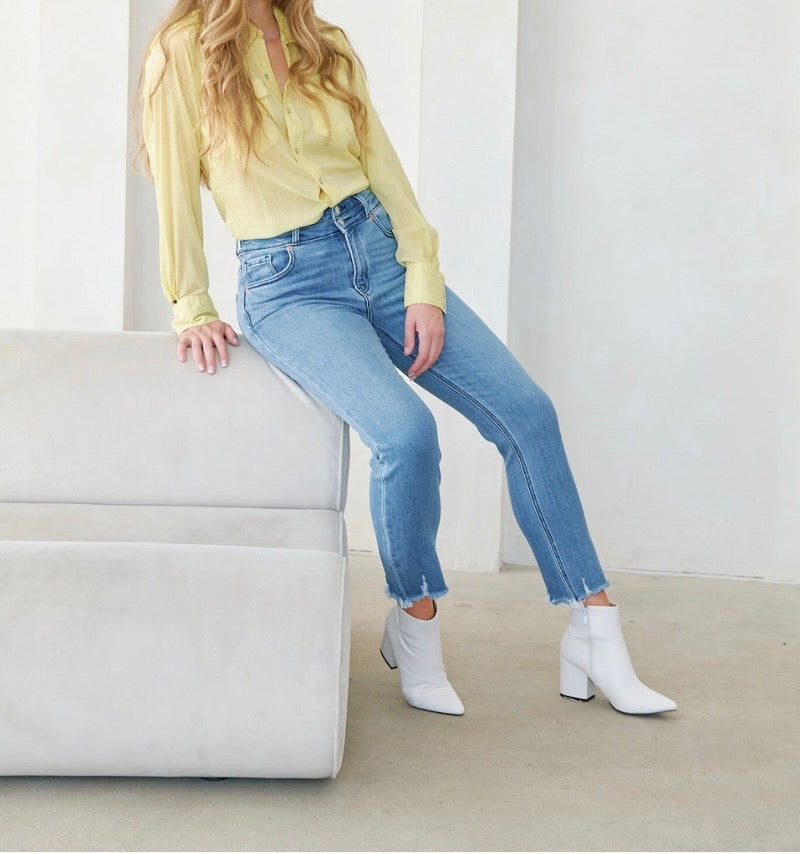 High Rise Double Waistband Straight Raw Hem Jean