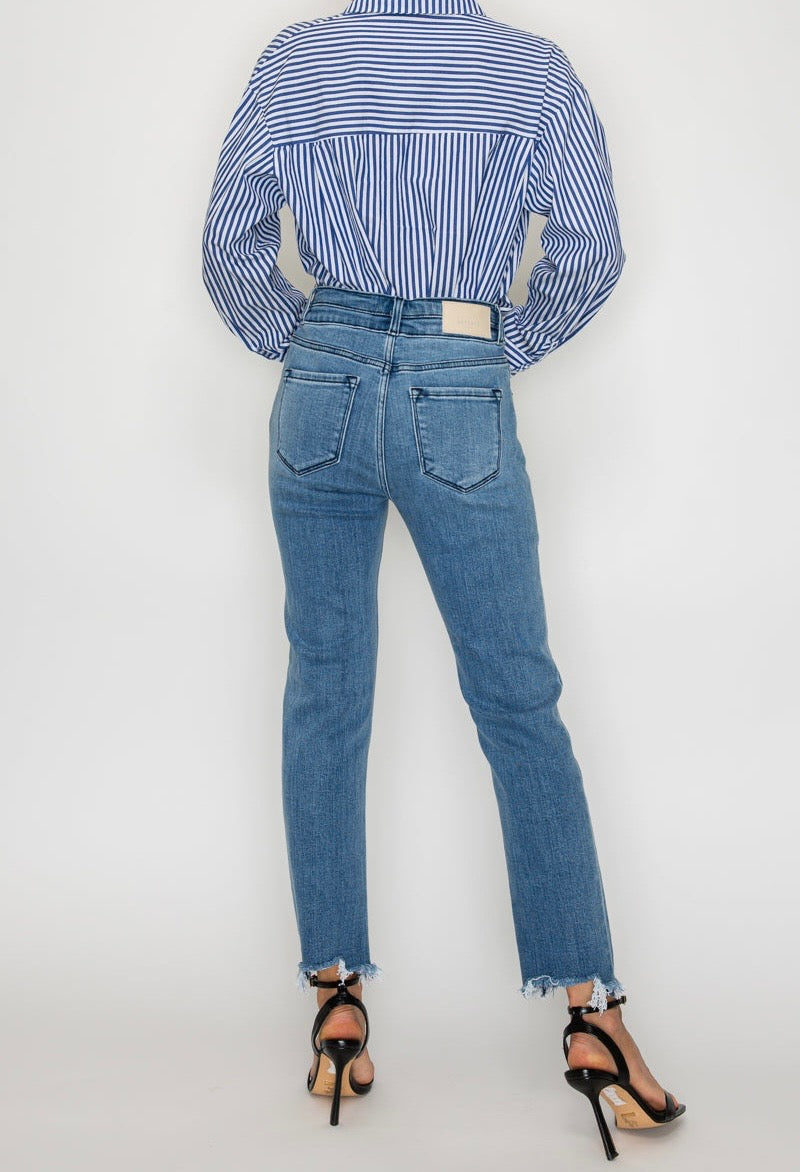 High Rise Double Waistband Straight Raw Hem Jean