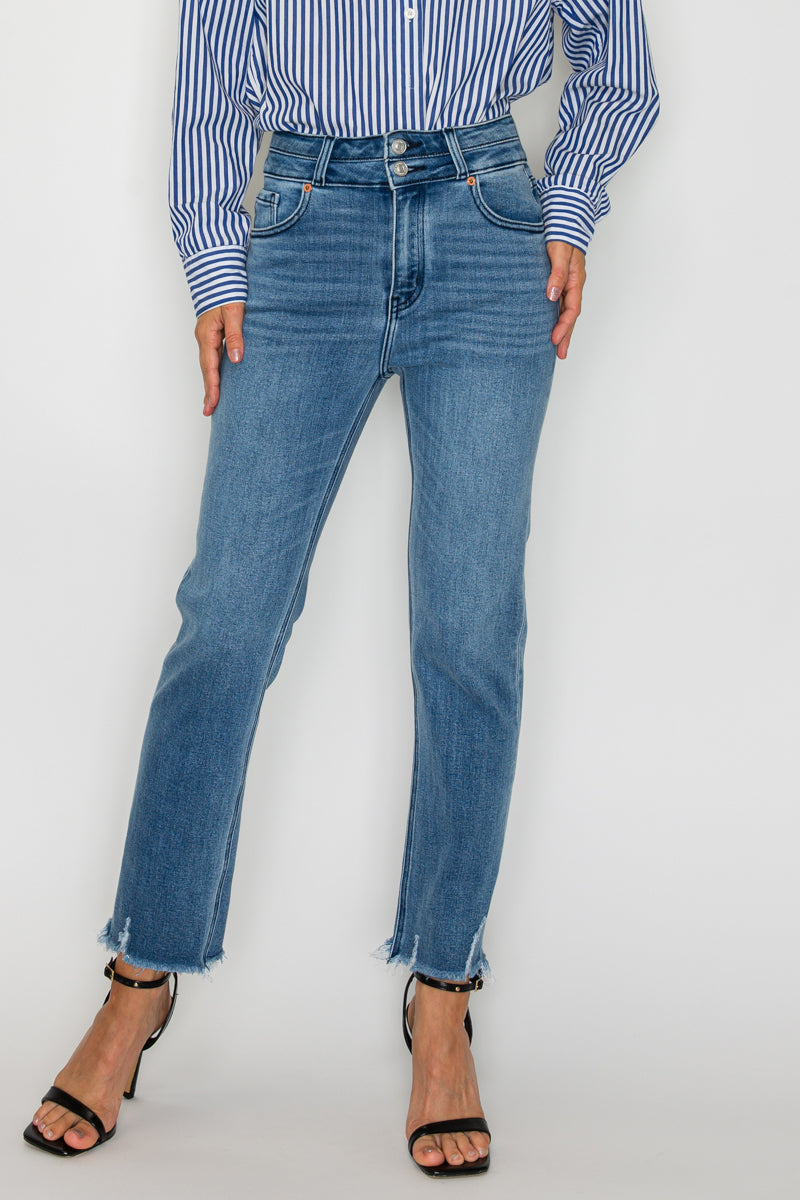 High Rise Double Waistband Straight Raw Hem Jean