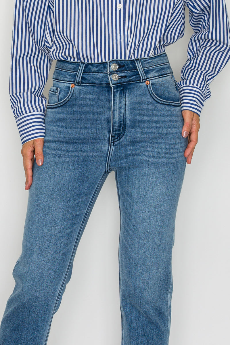 High Rise Double Waistband Straight Raw Hem Jean