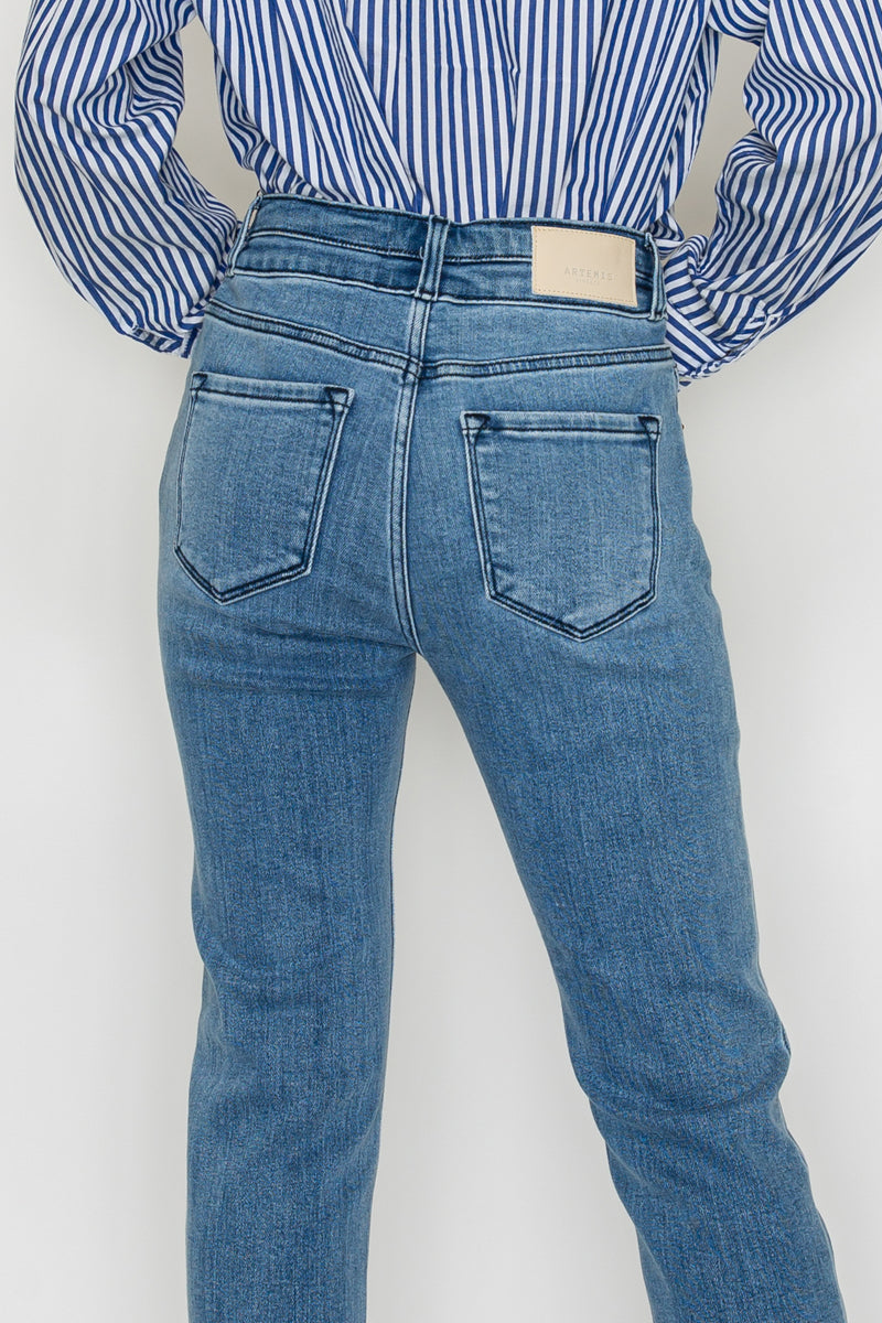 High Rise Double Waistband Straight Raw Hem Jean