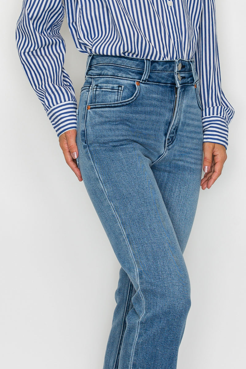 High Rise Double Waistband Straight Raw Hem Jean