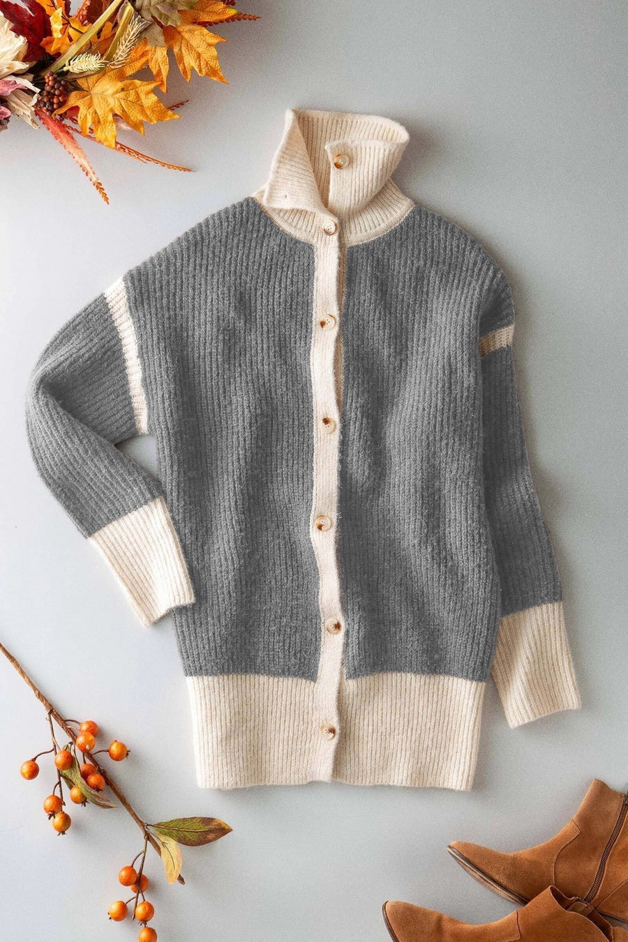Contrast Trim Collared Cardigan