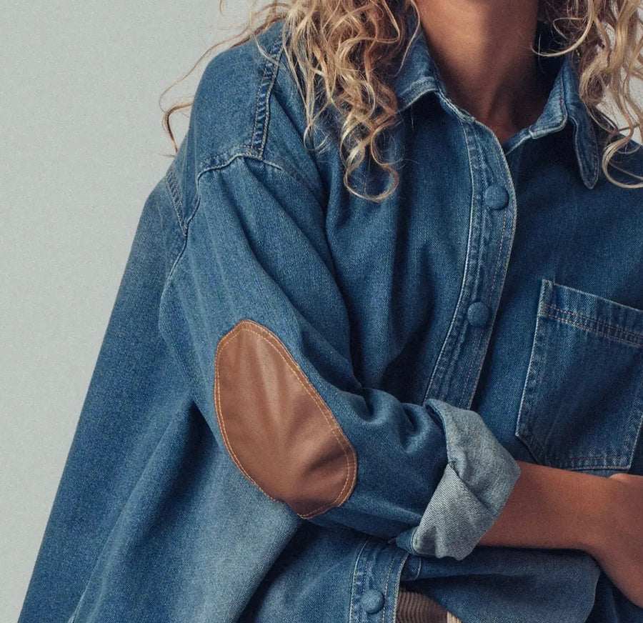 Elbow Patch Denim Button-Up Shirt