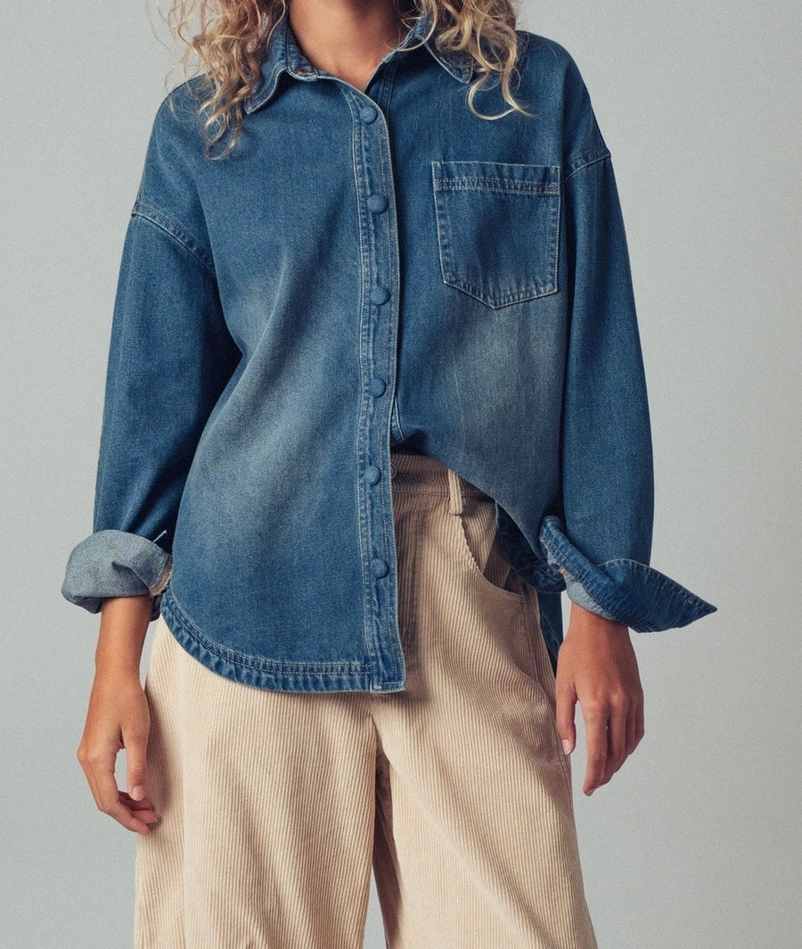 Elbow Patch Denim Button-Up Shirt