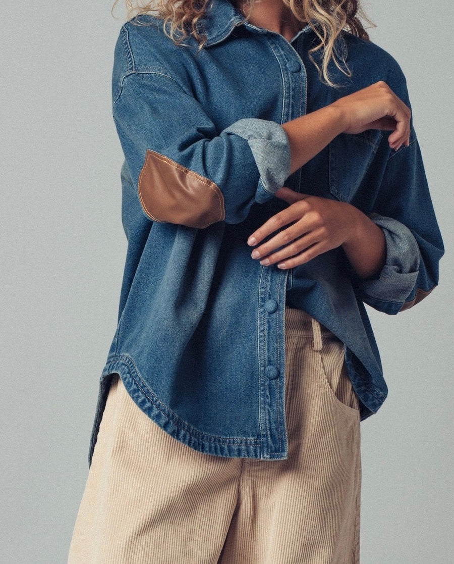 Elbow Patch Denim Button-Up Shirt