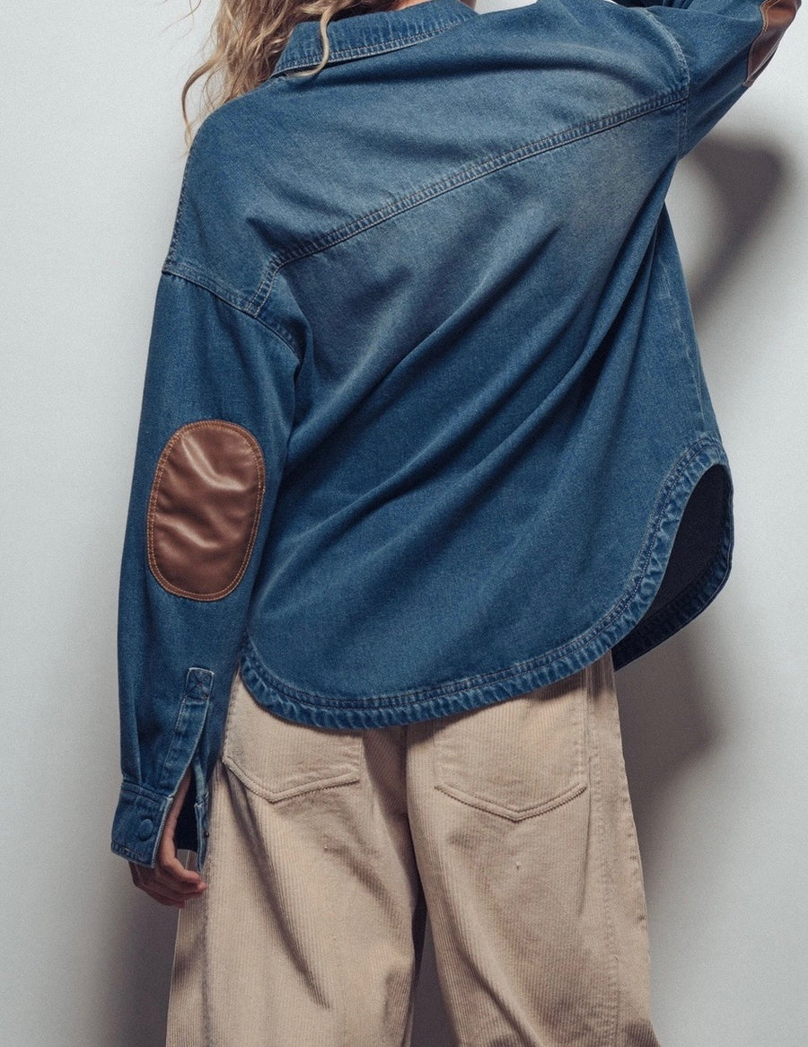 Elbow Patch Denim Button-Up Shirt