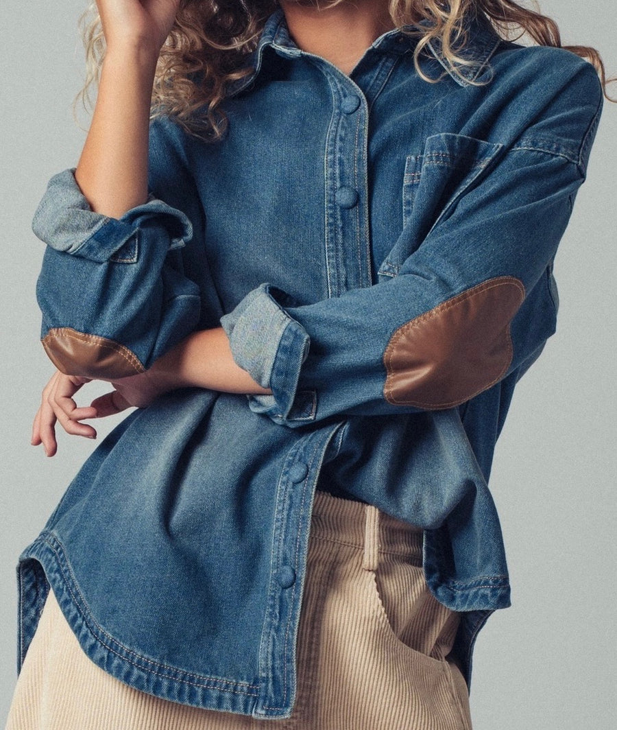 Elbow Patch Denim Button-Up Shirt