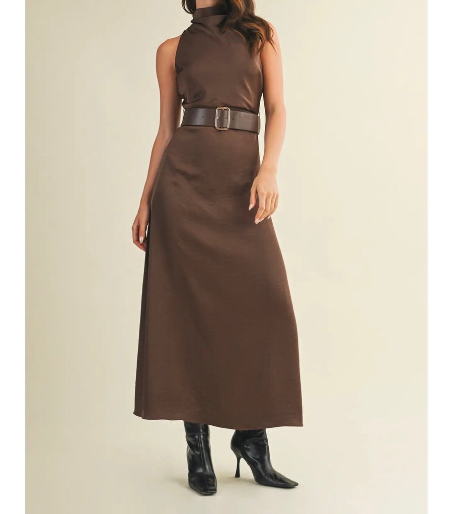 Flowy High Neck Belted Dress