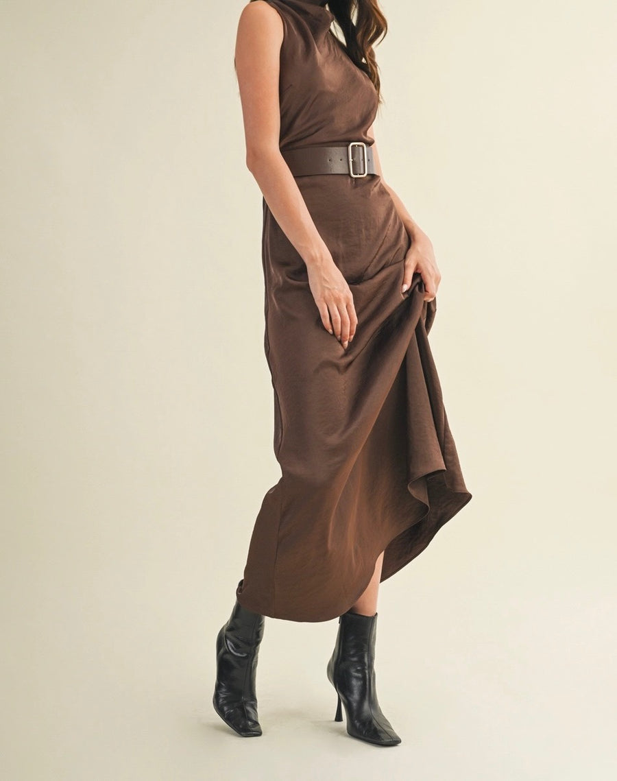 Flowy High Neck Belted Dress