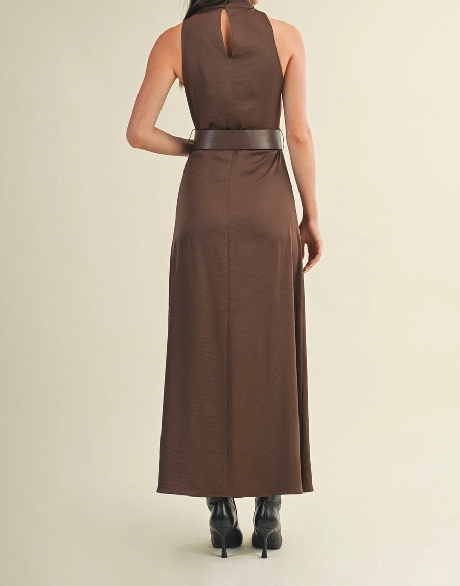Flowy High Neck Belted Dress