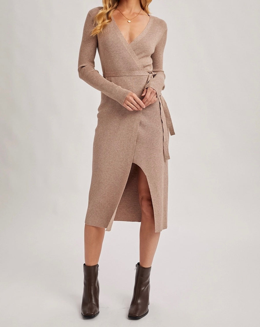 Ribbed Knit V-Neck Wrap Midi Dress