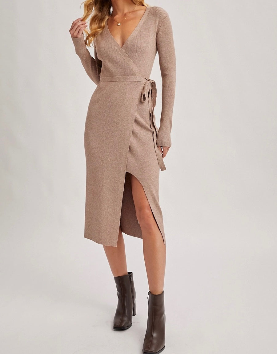 Ribbed Knit V-Neck Wrap Midi Dress