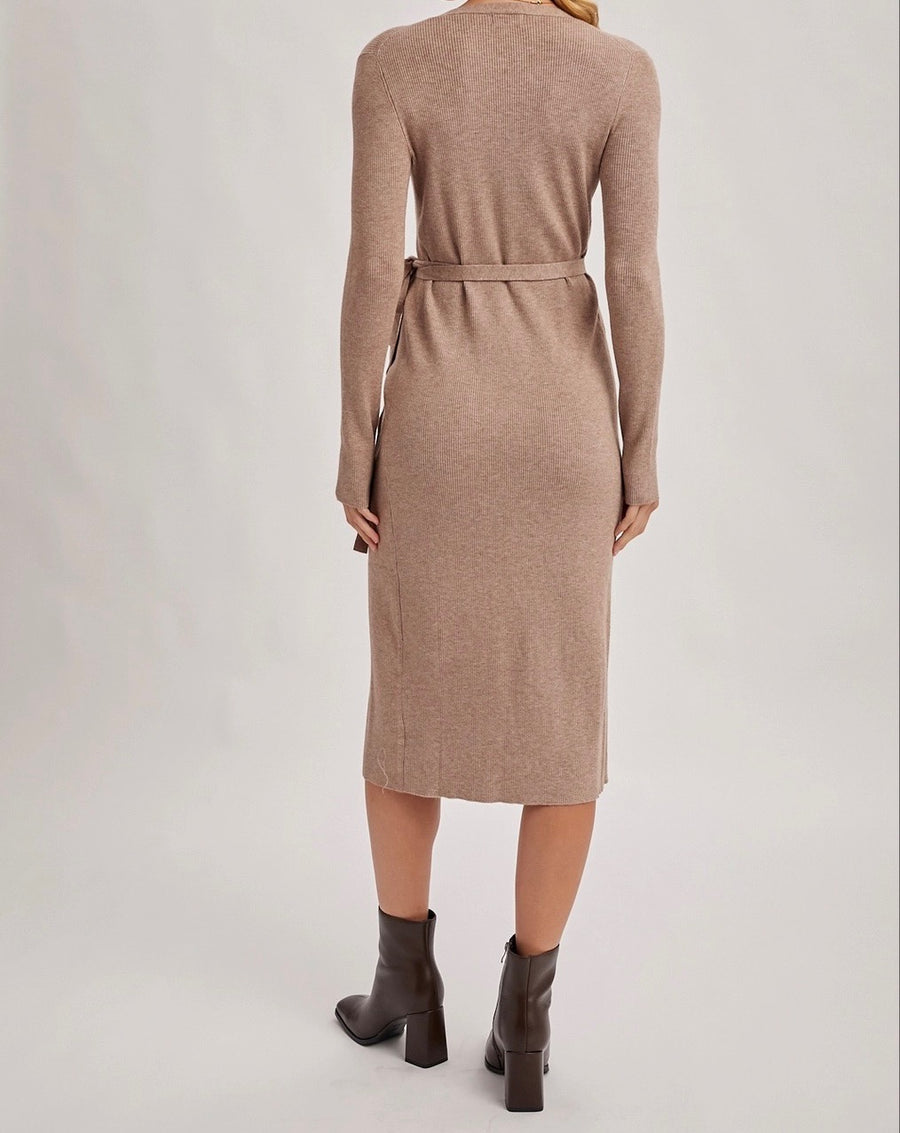 Ribbed Knit V-Neck Wrap Midi Dress