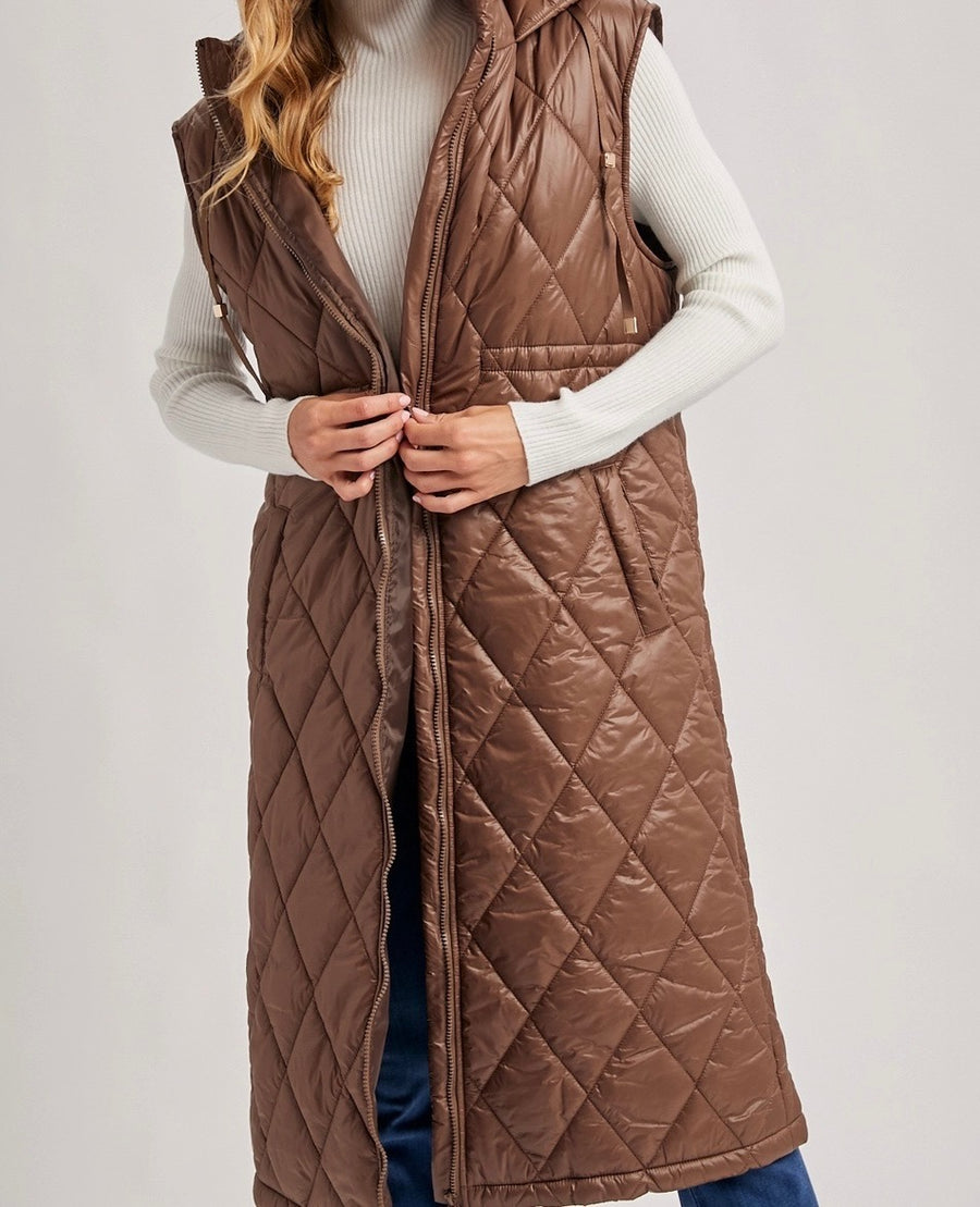 Diamond Quilt Puffer Long-Line Hooded Vest