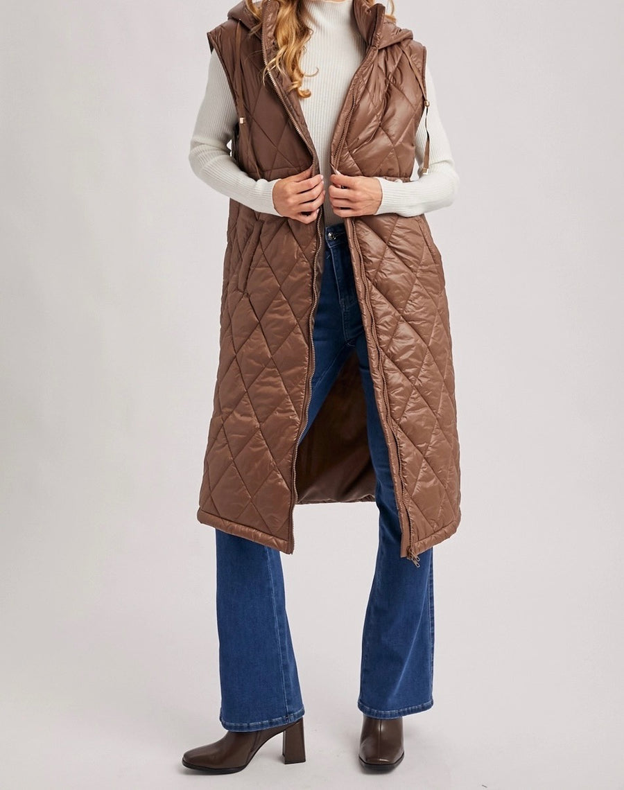Diamond Quilt Puffer Long-Line Hooded Vest