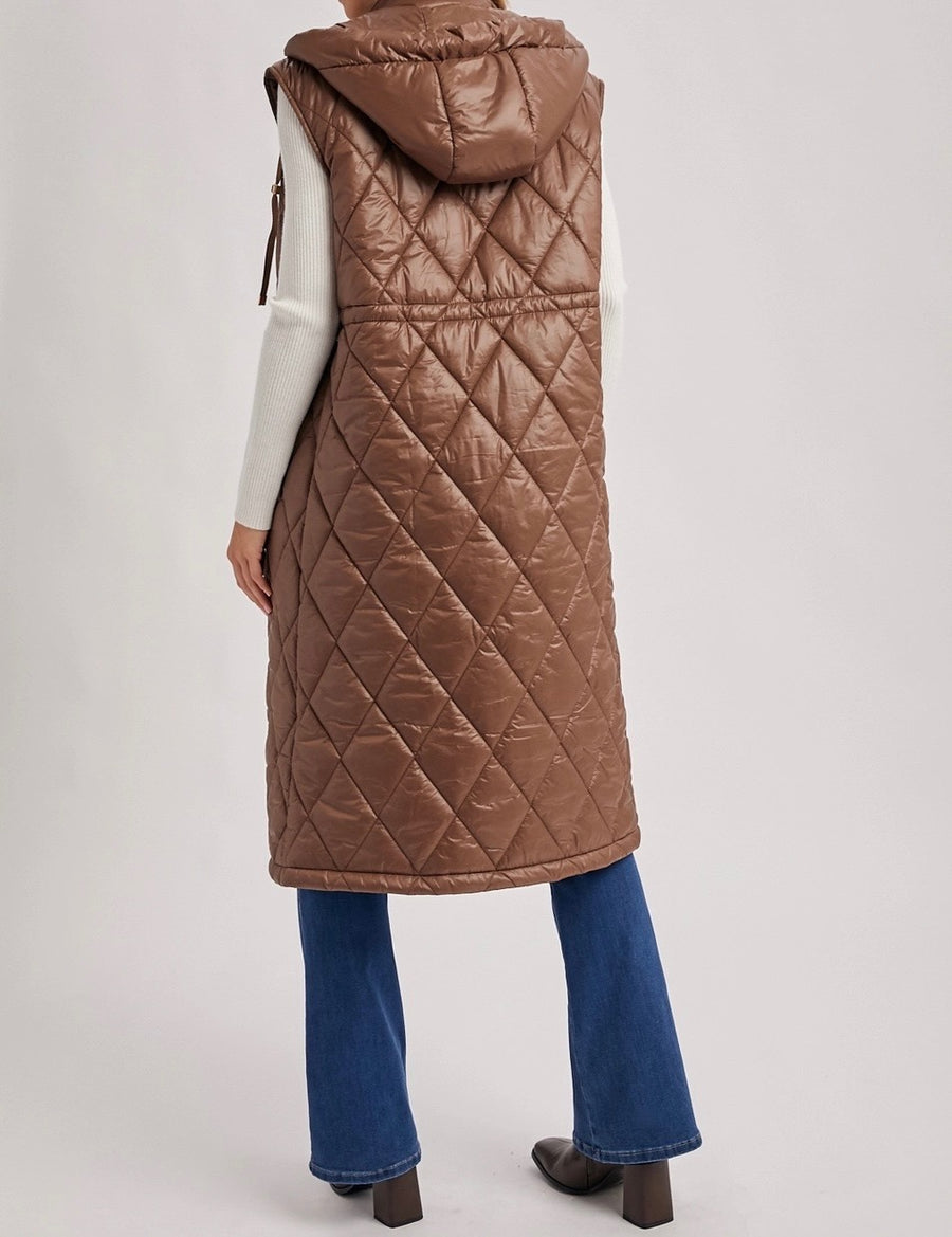 Diamond Quilt Puffer Long-Line Hooded Vest